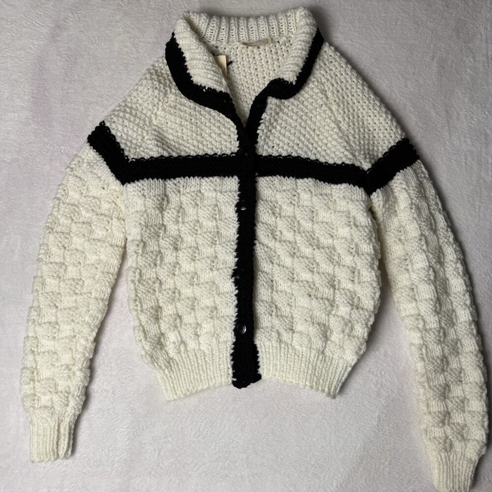 Vtg Handmade Oversized Knit Cardigan Sweater Womens Small Black White Textured